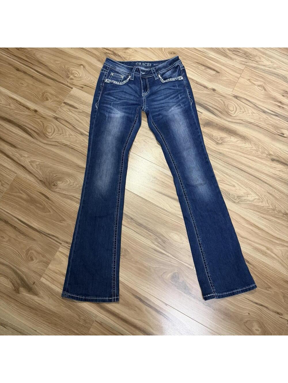 Grace in LA Boot Cut Jeans Size 27 Rhinestone Bling Chevron Pocket Y2K McBling